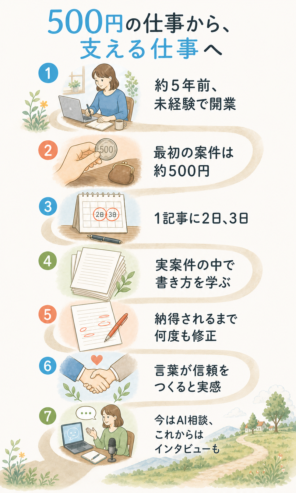 小川真琴さんの歩みをスマートフォン向けに7段で説明する図解